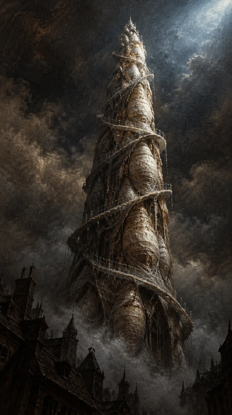 Chrysalis Spire: menara ramping dari kepompong yang menyatu dengan batu, dililit jembatan benang, menembus awan.