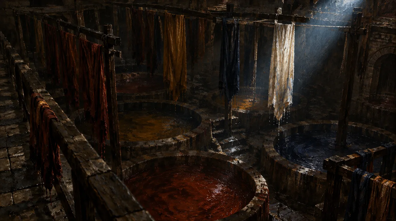 Dye Pits: kolam celup batu bundar berisi cairan karat, oker, dan nila, kain sutra basah tergantung di rangka kayu.
